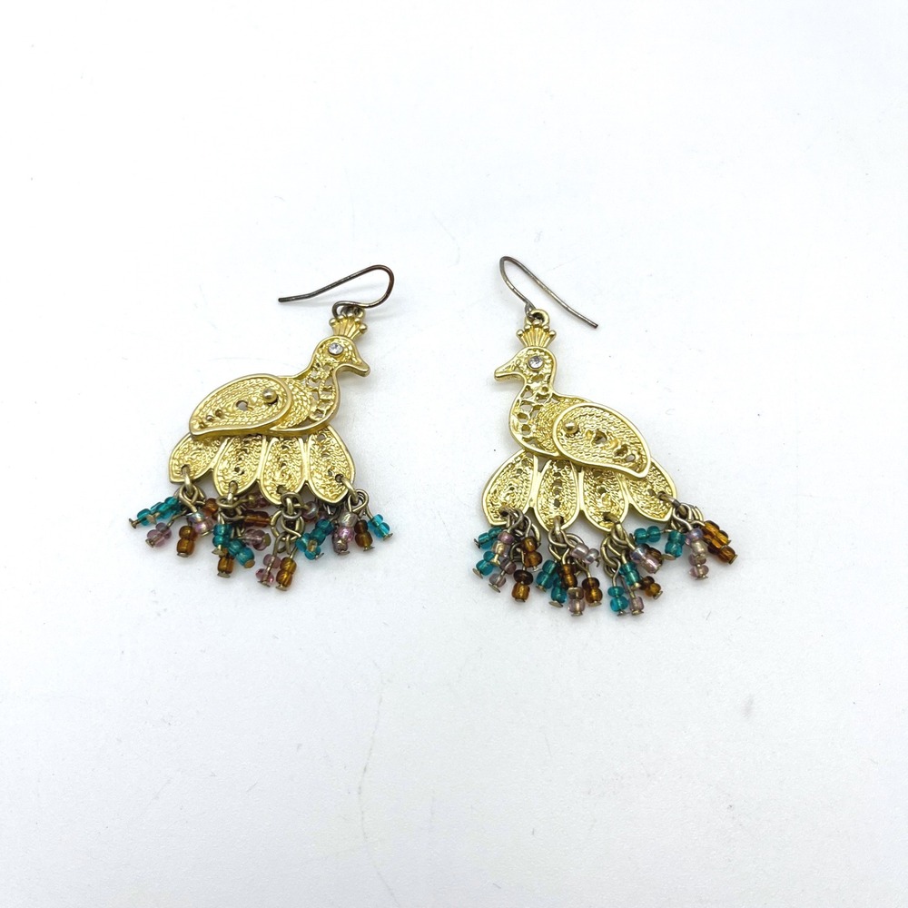 Peacock Drop Dangle Earrings Gold Tone‎ Filigree Beads Bohemian Jewelry